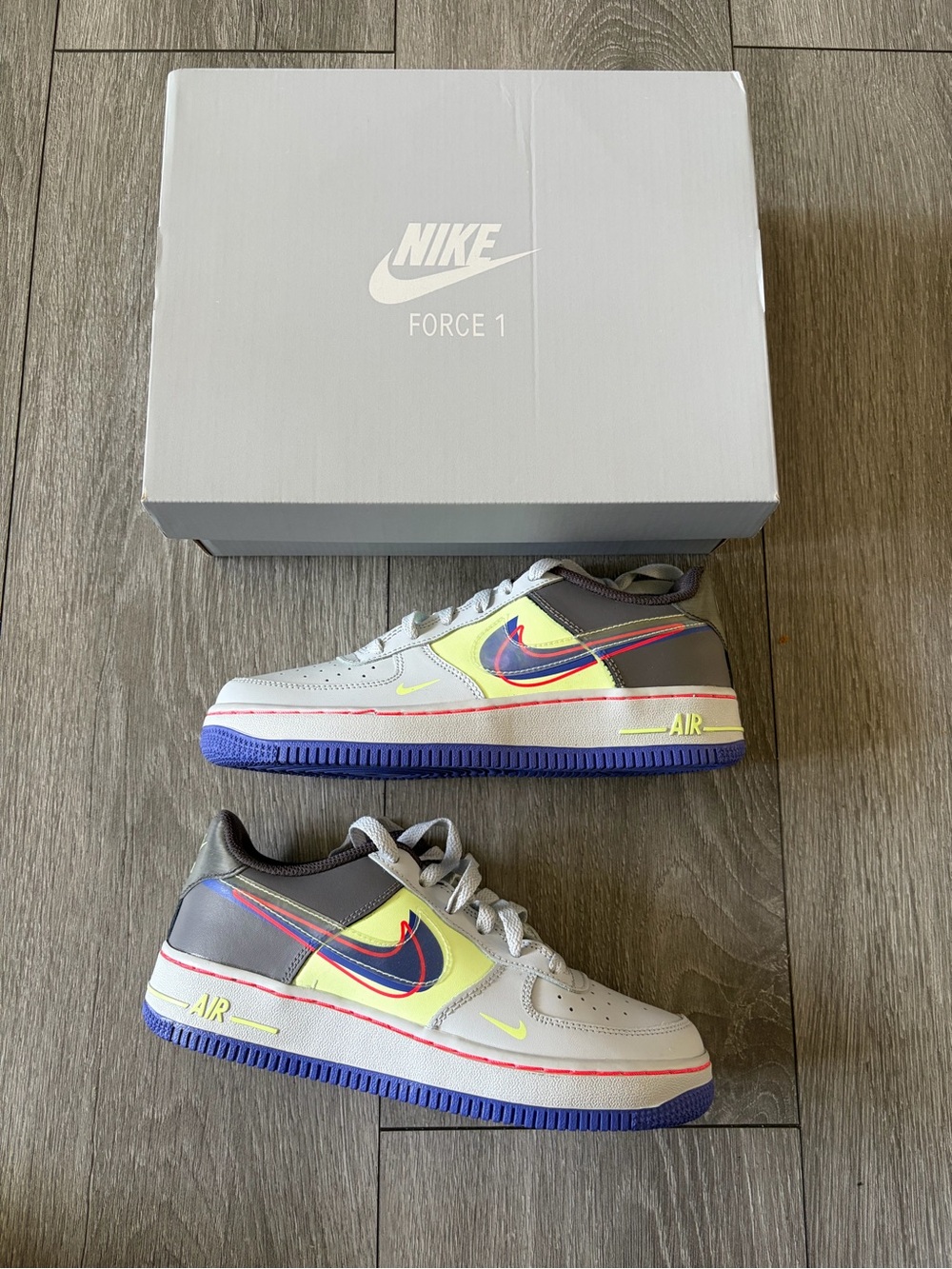 Nike Kids Sneakers in White, Gray, Neon Yellow & Blue